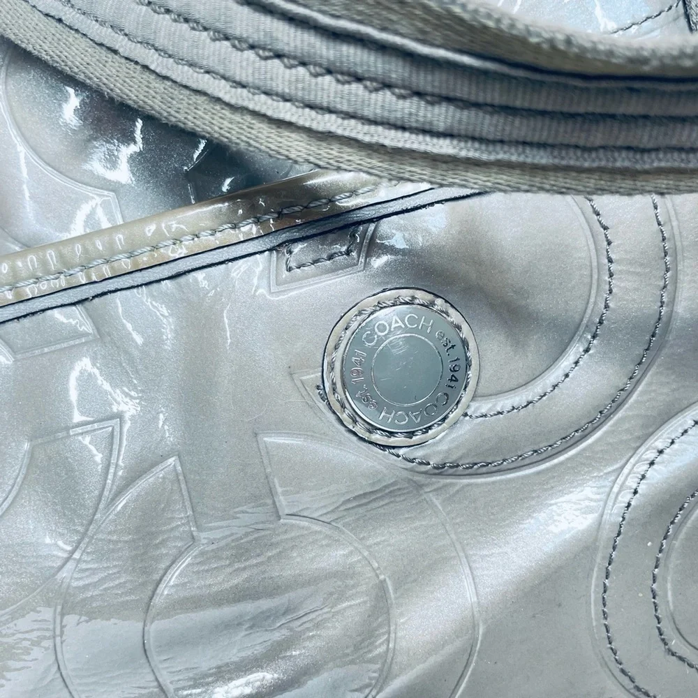 COACH 16977 Rare Gray Signature Patent Leather Tote Travel Diaper Bag